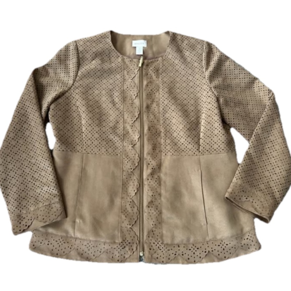 Chicos Faux Suede Light Brown Camel Eyelet Zip Up Collarless Lined Jacket Size 1